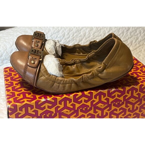 TORY BURCH Ambrose Ballet Flats Leather Camel Brown Gold Buckle Women's Size 7 B - Picture 2 of 12